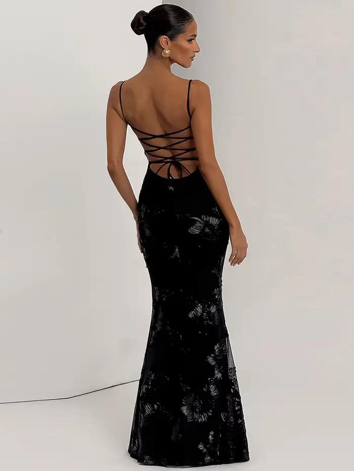 Nibber Elegantná Kvetinová Výšivka Maxi Šaty Ženy Nízky Golier Krížový Obväz Holý Chrbát Letné Uličný Trend Skinny