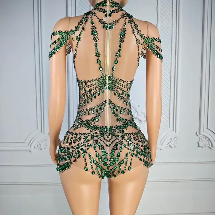 Justaucorps scintillant en strass pour femme, sexy, en maille transparente, pour soirée, spectacle de danse, costume de scène pour chanteuse et danseuse