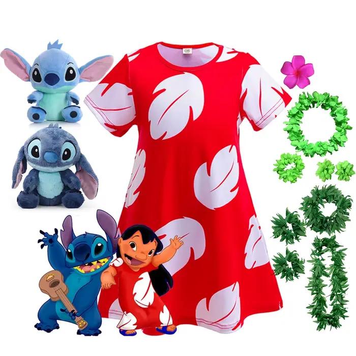 Costume de Cosplay Disney Lilo pour filles, robe rouge, pyjama à manches courtes, robe imprimée hawaïenne, tenue de plage d'été + ensemble de poupée Stitch
