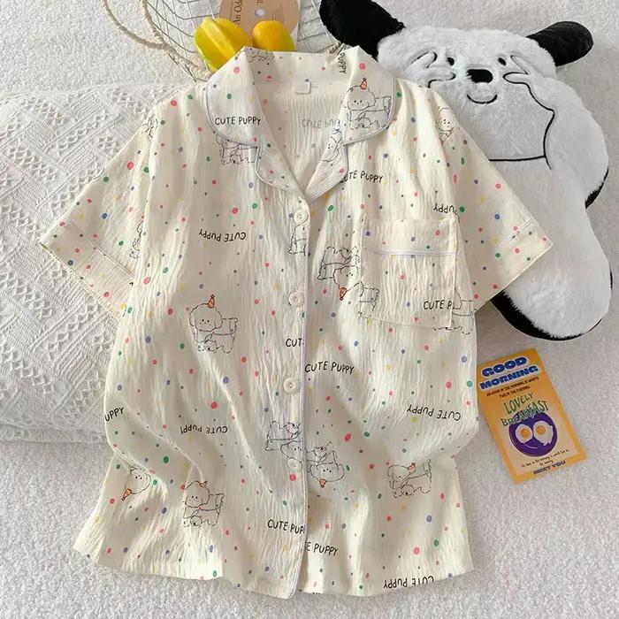 Pyjama d'été pour femme, style fin avec pois et motif chiot, short à manches courtes, doux et mignon, peut être porté à l'extérieur en été, ensemble deux pièces pour la maison