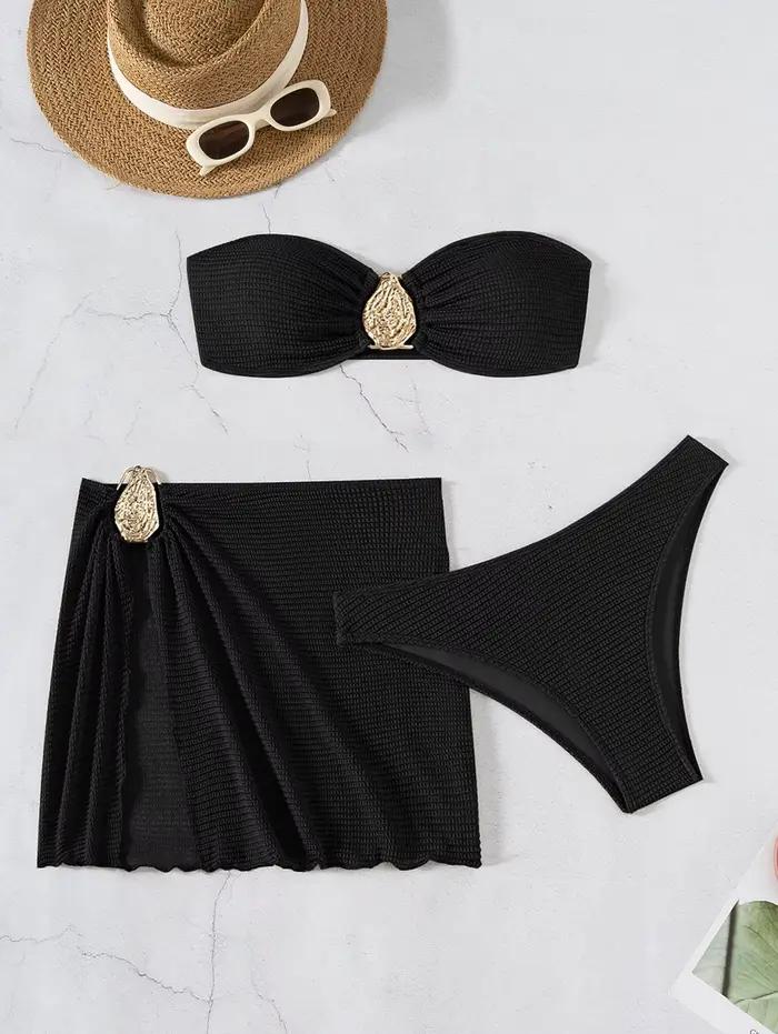 2025 Nový Sexy Trojdielny Bikini Set pre Ženy - Pevné Bandeau Plavky s Odhaleným Chrbtom