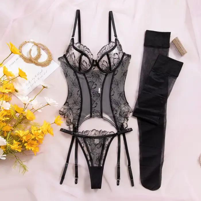 Ensemble de lingerie féminine Willowy, élégant corset et string 2 pièces avec bas, motif floral, baleines et volants, kit intime amincissant