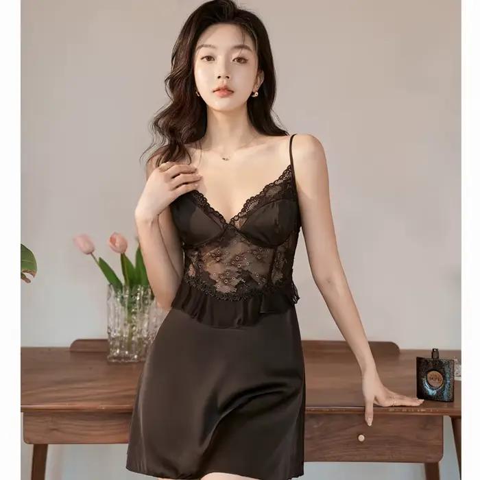 Chemise de nuit en dentelle rose pour femmes, Sexy, à bretelles, vêtements de nuit, robe de chambre, été, Satin soyeux, peignoir, vêtements de détente