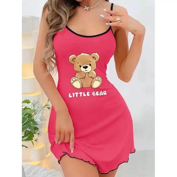 Robe d'été à bretelles pour femme, mini-robe de nuit confortable pour la maison, pyjama sexy imprimé petit ours
