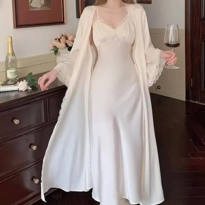 Ensemble De Robe De Style princesse, 2 pièces, Chemise De nuit Sexy en dentelle, Patchwork, Chemise De nuit, vêtements De nuit, longue Robe De maison