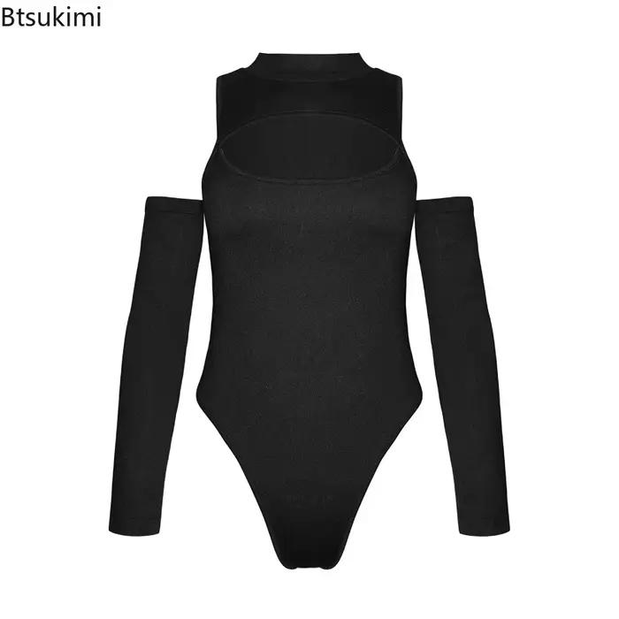 Combinaison sexy ajourée à manches longues et épaules dénudées pour femme, couleur unie, col semi-montant, vêtement de base tendance 2026
