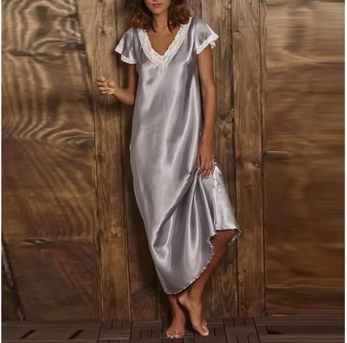 Ensemble de vêtements de nuit en dentelle pour femmes, sous-vêtements décontractés à col en V, chemise de nuit épissée solide, mode midi, été, 2020