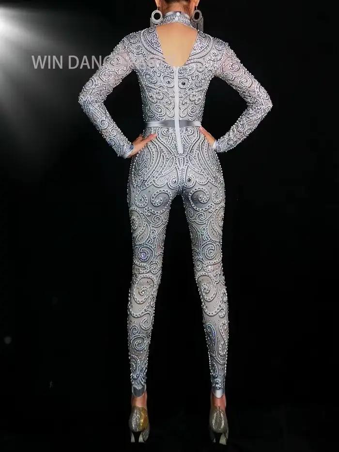 Combinaison moulante pour femme avec perles et diamants, tenue de pole dance, robe de spectacle pour chanteuse de discothèque, costumes de performance