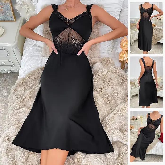 Čierna sexy patchworková čipka Nočná košeľa s podväzkami