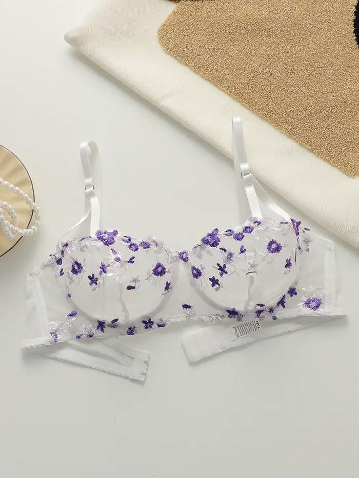 Soutien-gorge brodé de belles fleurs, sous-vêtements sexy transparents avec bretelles réglables MR2956