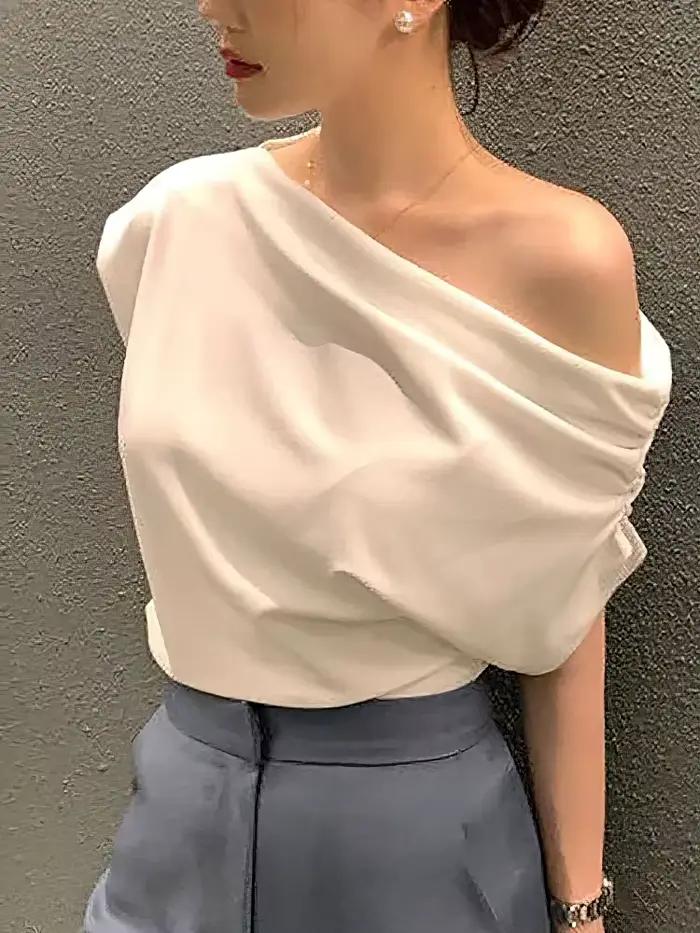 Elegantné kórejské letné jednoramenné tričko s krátkym rukávom voľného strihu