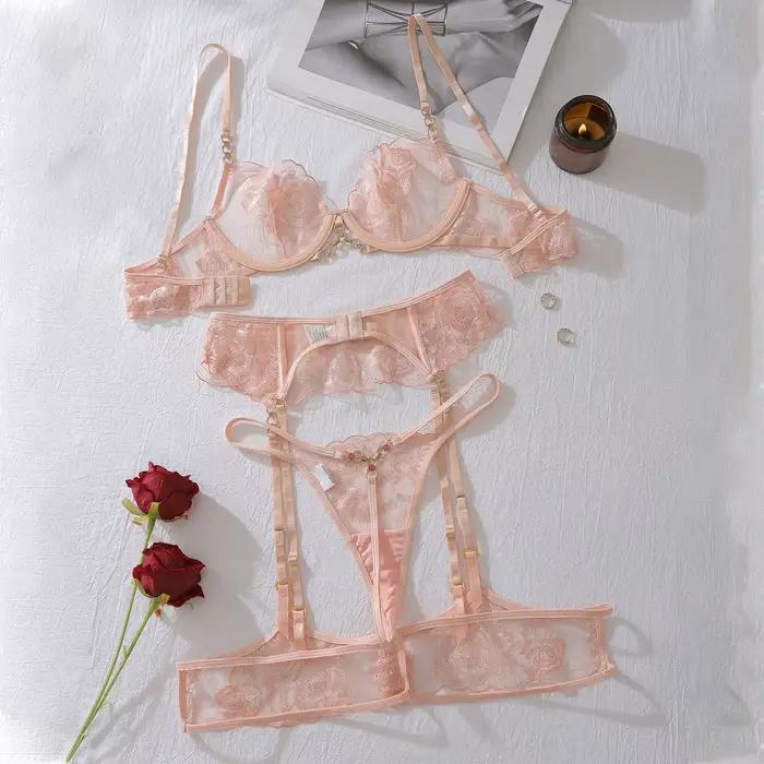 Ensemble de lingerie fantaisie en dentelle florale, sous-vêtements brésiliens, porte-jarretelles attrayants, tenue sexy et audacieuse, ensembles de soutien-gorge transparents