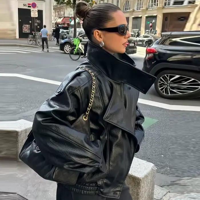 HXAO Čierna bunda z umelej kože pre ženy nový strih oversized bomber