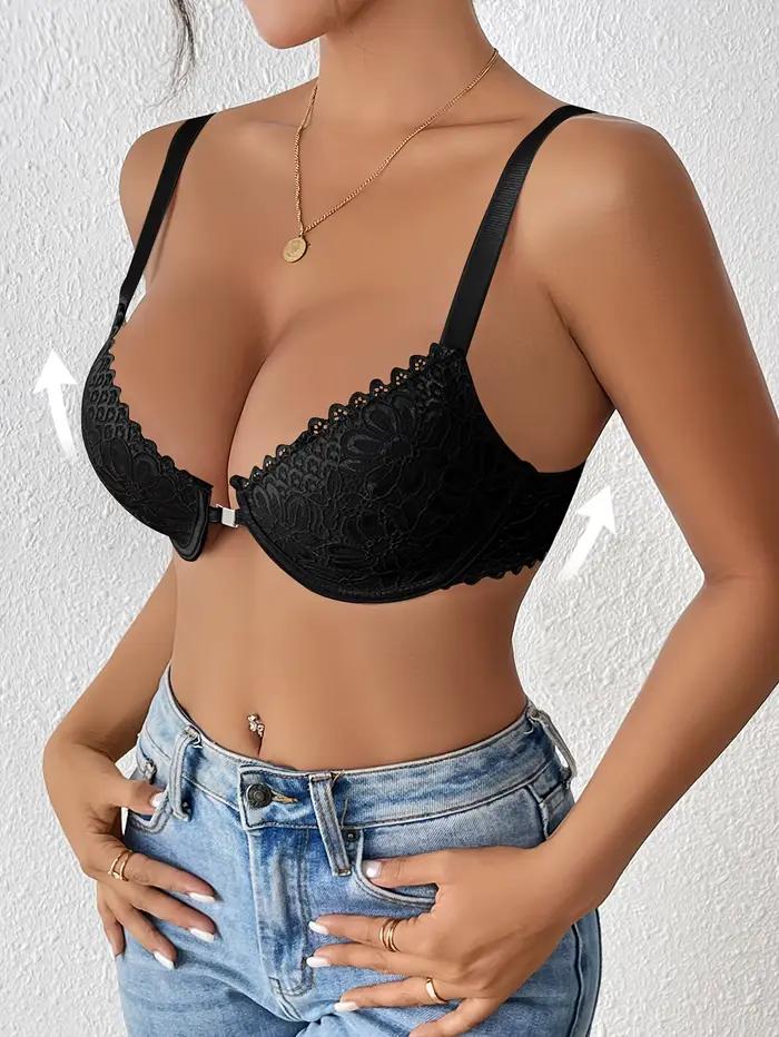 Soutien-gorge push-up en dentelle élégant pour femmes, coussinets non amovibles sans couture, soutien respirant, ajustement confortable avec fermeture frontale, détails en dentelle