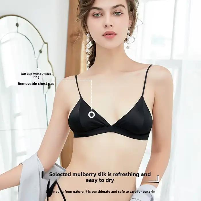 Soutien-gorge Triangle sans fil en soie de mûrier, garniture en dentelle française, Ultra doux, confortable, Invisible, pour femmes et adolescentes, 100%