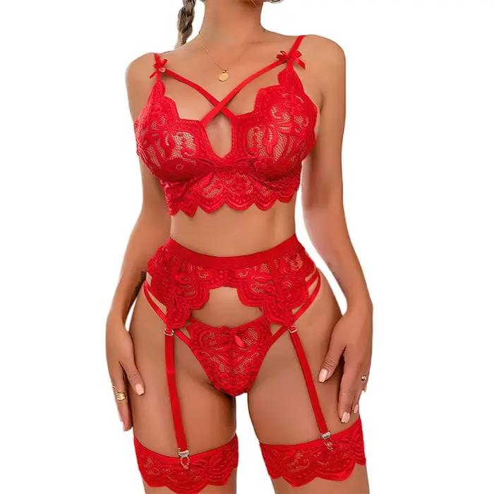 Ensemble de lingerie érotique sexy pour femme, soutien-gorge et jarretelles, 3 pièces, transparent, grande taille, pour l'été