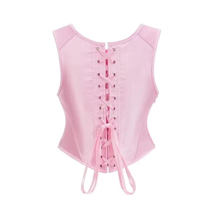 Rose Satin surbuste à lacets bretelles Sexy haut Corset femme gothique taille formateur gilet Steampunk Bustiers et Corsets vêtements Vintage