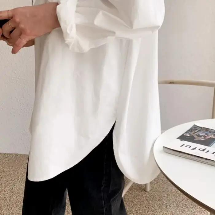 Elegantné biele voľné blúzky z bavlny s dlhým rukávom a golierom pre ženy