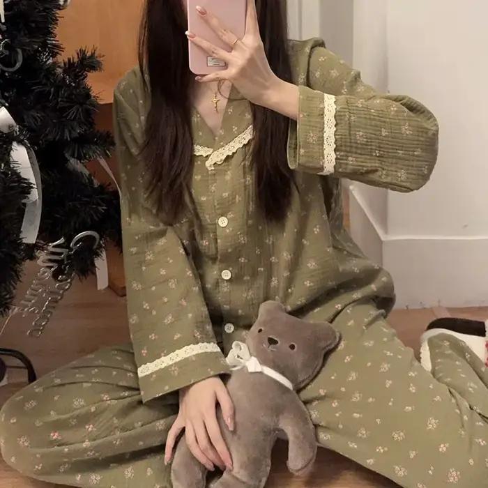 Pyjamas pour femmes, nouveau style, printemps et automne, ensemble deux pièces à manches longues, style français, pour la maison, photos réelles