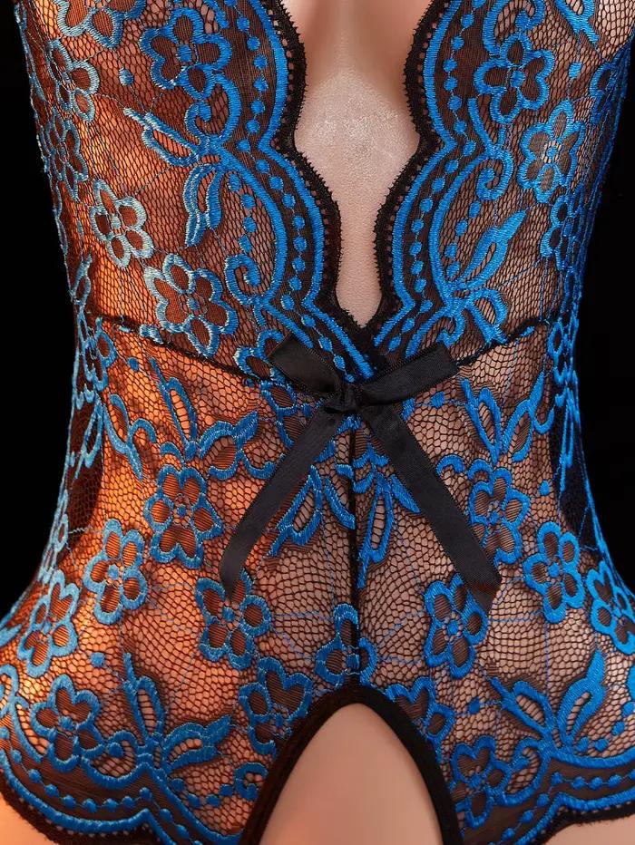 Body en dentelle florale bleue sexy et délicate pour femmes, transparent, décolleté en V profond, entrejambe ouvert, lingerie érotique