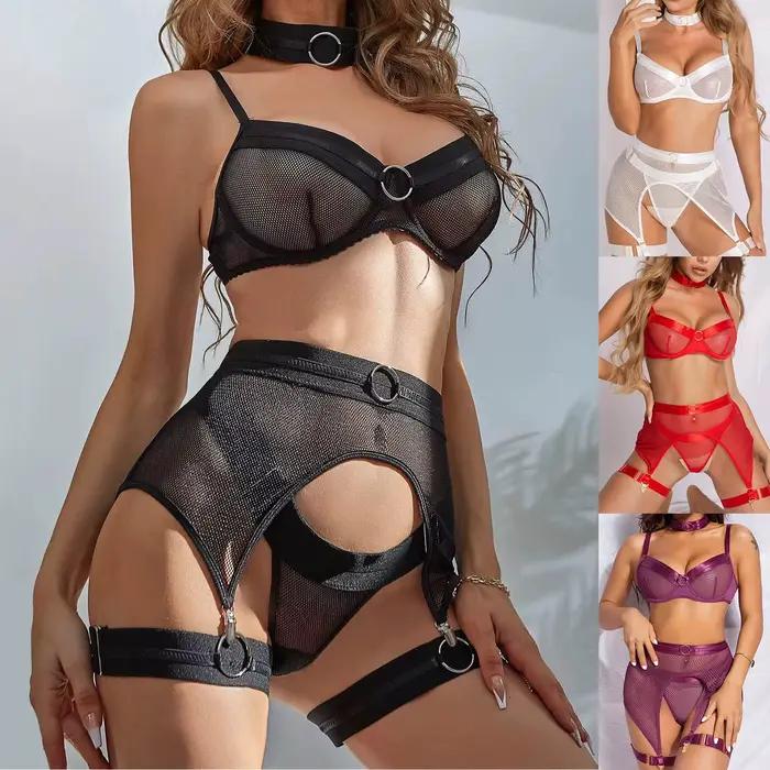 Dámska čipkovaná sieťovaná súprava bralette s nohavičkami s ramienkami