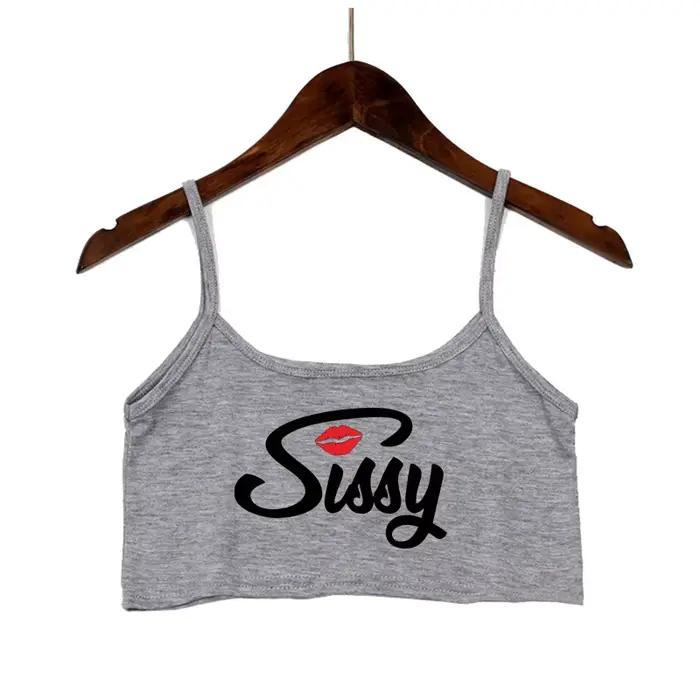 SISSY písmená červené pery potlač letné ženy krátky top Sexy elastická bavlna Camis bez rukávov