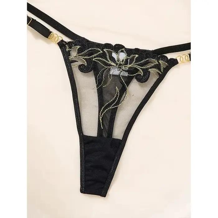 Ensemble de lingerie noire en maille pour femmes, broderie délicate, soutien-gorge et culotte fins, lingerie sexy transparente pour lune de miel
