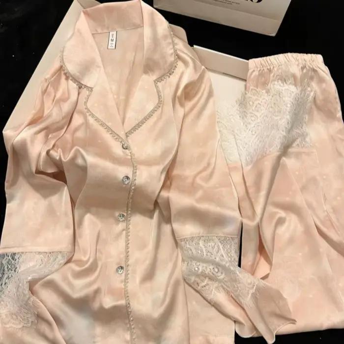 Soie deux pièces dames ensemble Pijama automne Floral à manches longues boutonné haut et pantalon vêtements de nuit femme vêtements de nuit Sexy Pyjamas ensemble
