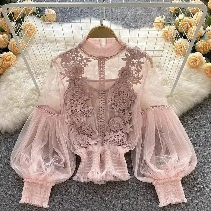 Dlhé rukávy nadýchaná čipka Vintage blúzka Módne elegantné blúzky pre ženy Kórejské