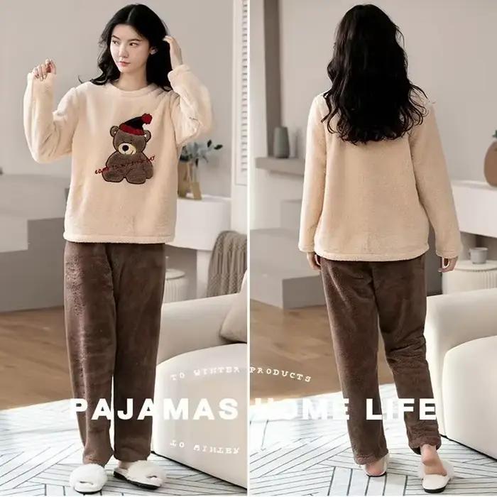 Épaissi chaud grande taille rembourré automne et hiver femmes pyjamas haut et pantalon ensemble corail velours dames dessin animé ours 2 pièces/ensemble