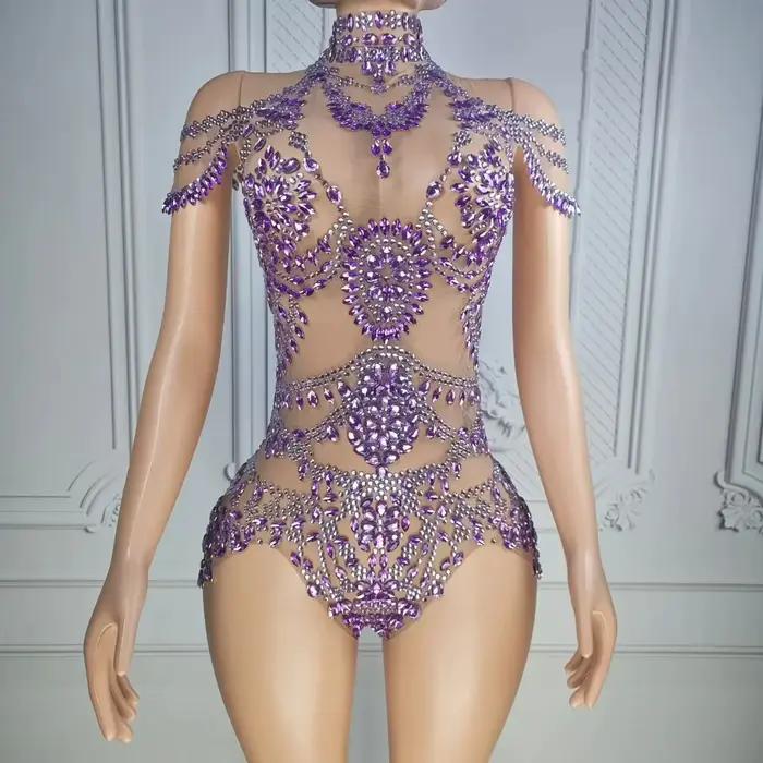 Justaucorps scintillant en strass pour femme, sexy, en maille transparente, pour soirée, spectacle de danse, costume de scène pour chanteuse et danseuse