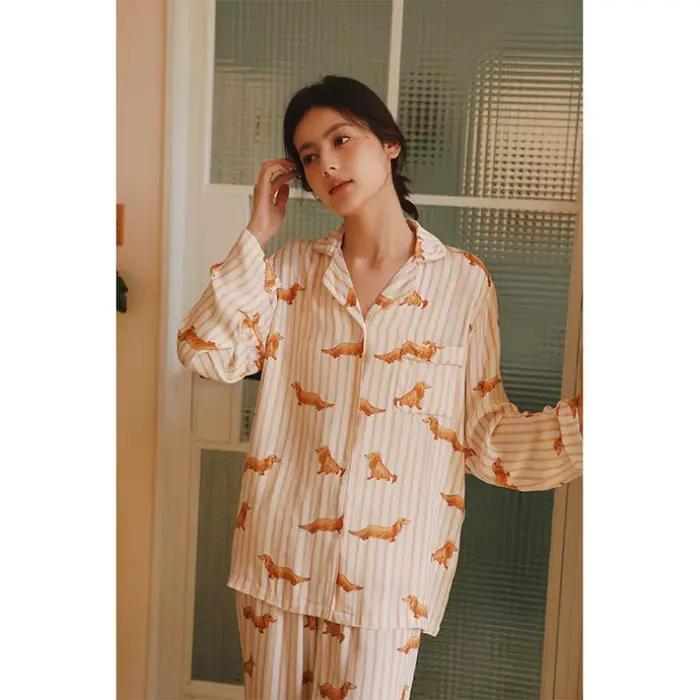 INS Style mignon teckel chien imprimé pyjama ensemble pour femmes doux Viscose rayé vêtements de nuit à manches longues boutonné vêtements de détente
