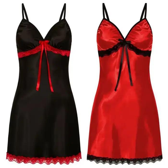 Dentelle soie Satin vêtements de nuit femmes Sexy Lingerie robe de nuit sans manches bretelles Mini robe avec culotte nuisettes chemise de nuit
