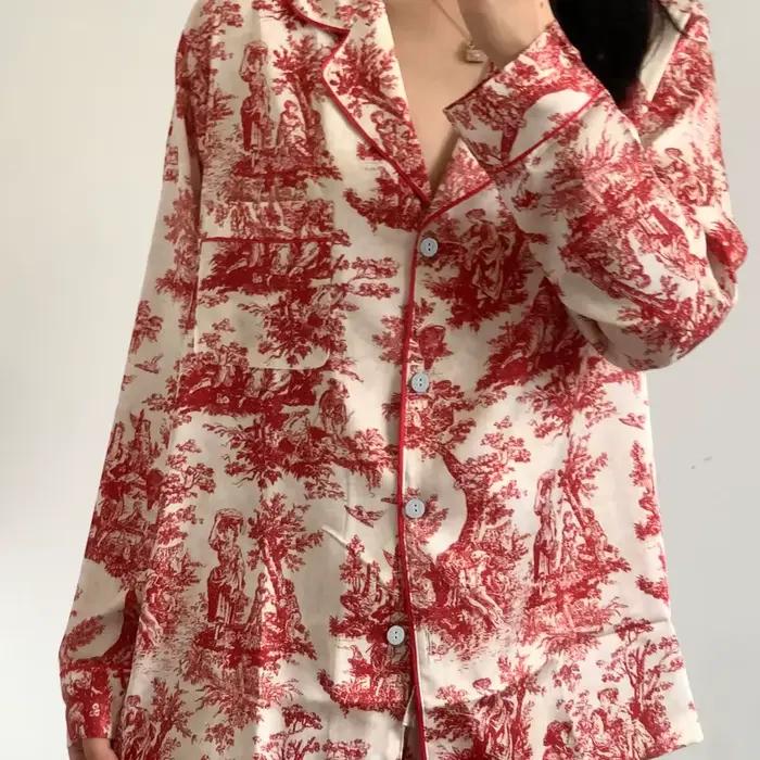 Mode imprimé fleur 2 pièces Pyjamas ensemble femmes vêtements de nuit printemps été pantalon costumes salon porter ample Satin Homewear Pijamas costume