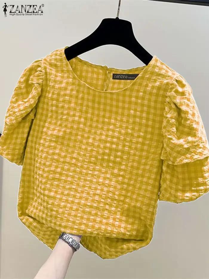 Chemisier en polyester et coton avec motif vichy pour femmes, col rond, manches courtes bouffantes, style décontracté pour printemps été