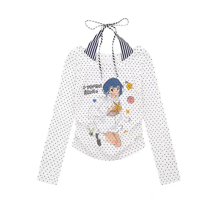 Japonské tričko Karrram Y2k s anime potlačou 2000s Cutecore s odhalenými ramenami Vintage Harajuku s dlhými rukávmi falošný dvojdielny top Kawaii