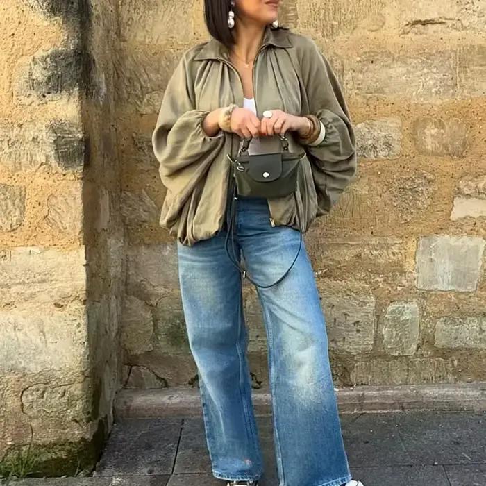 KONDALA High Street Saténová Bomber Bunda pre ženy dlhé lampiónové rukávy zips oversized bundy móda 2025