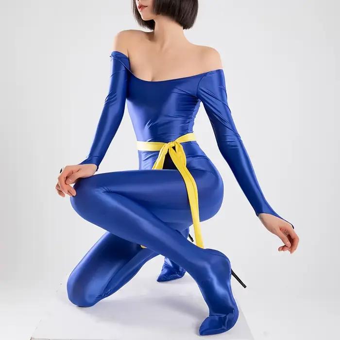 Body soyeux brillant en satin à manches longues pour femmes, costume complet de batterie, barboteuses serrées sexy, chaussures percées au doigt, cosplay, nouveau