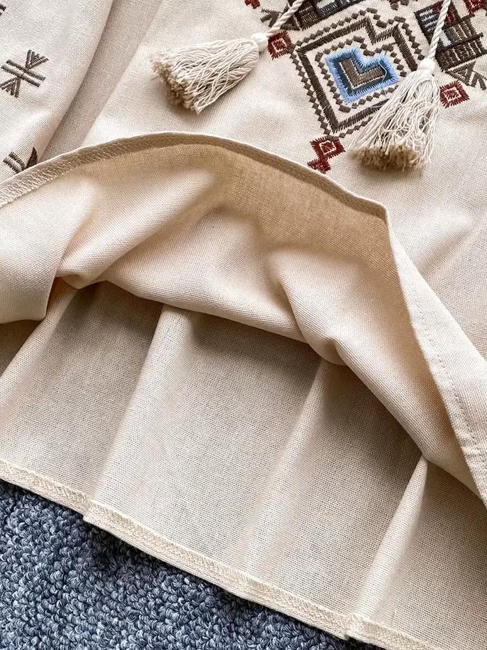 Dámska jesenná voľná blúzka umelecká retro ťažká výšivka mašľa okrúhly golier lampiónové rukávy ležérna košeľa