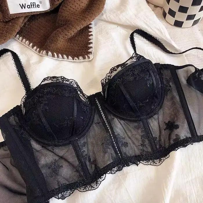 Soutien-gorge long en dentelle brodée demi-coupe style français rétro, ensemble lingerie sexy gainant galbant 32-38