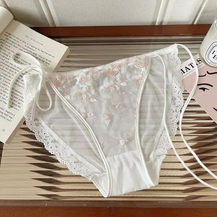 Culottes transparentes taille basse brodées de fleurs en coton avec entrejambe en coton pour femme, lingerie douce en dentelle et maille