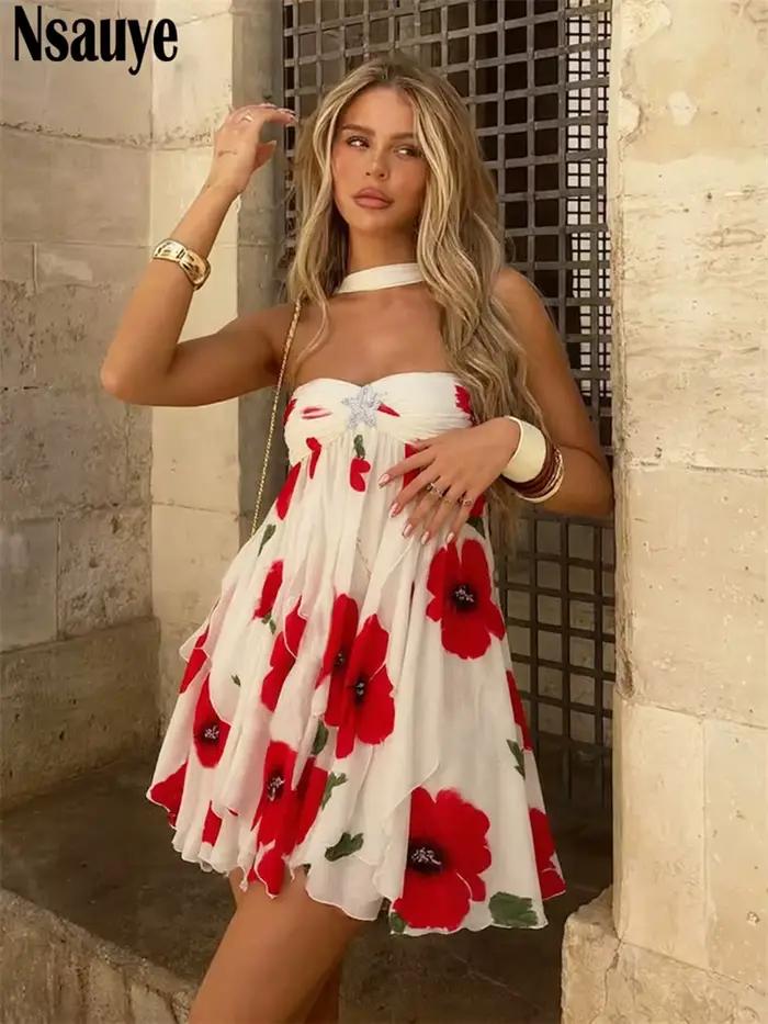Nsauye Sexy maigre a-ligne mode boîte de nuit robe courte irrégulière pour les femmes 2025 été fête licou élégant volants Mini robe