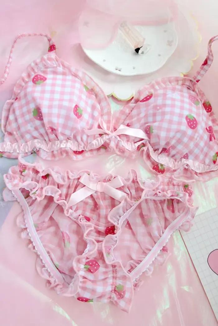 Lolita — Ensemble soutien-gorge et culotte imprimé fraise, lingerie pour filles japonaises
