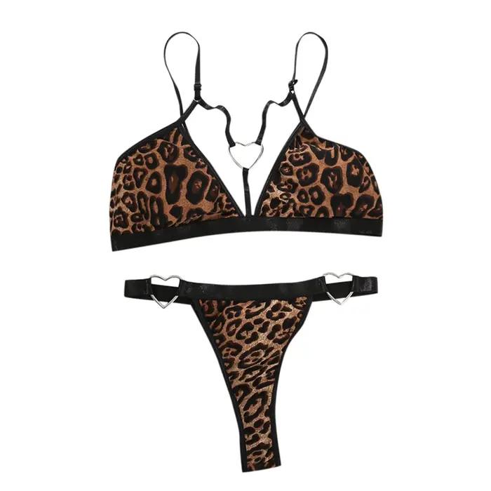Lingerie pyjama coeur Ringbra ensemble Sexy femmes léopard lapin Lingerie 2 pièces voir à travers les sous-vêtements bretelles Spaghetti vêtements de nuit