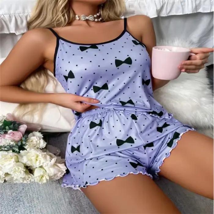 Ensemble pyjama pour femmes, T-Shirts et shorts, T-Shirt rose imprimé en forme de cœur, col rond, haut en soie glacée, confortable et décontracté, été 