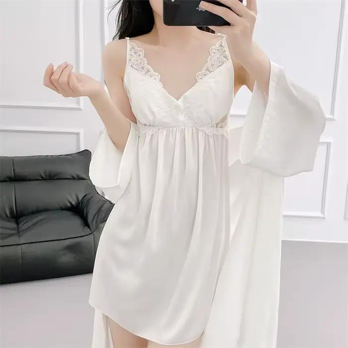 Nuisette et Robe en soie glacée, vêtements de nuit, ensemble Kimono deux pièces en dentelle, Long peignoir élégant, chemise de nuit Sexy, vêtements de maison