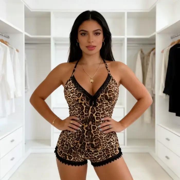 Ensemble de lingerie à imprimé léopard avec bordure en dentelle, haut sans manches et short pour femmes, pyjama 2 pièces, vêtements de nuit sexy et doux pour femmes, vêtements de détente