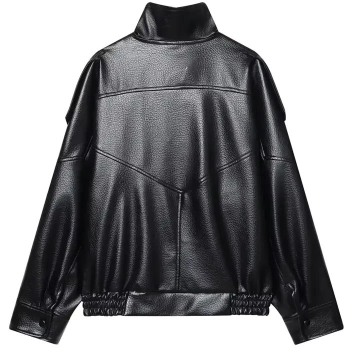 HXAO Čierna bunda z umelej kože pre ženy nový strih oversized bomber