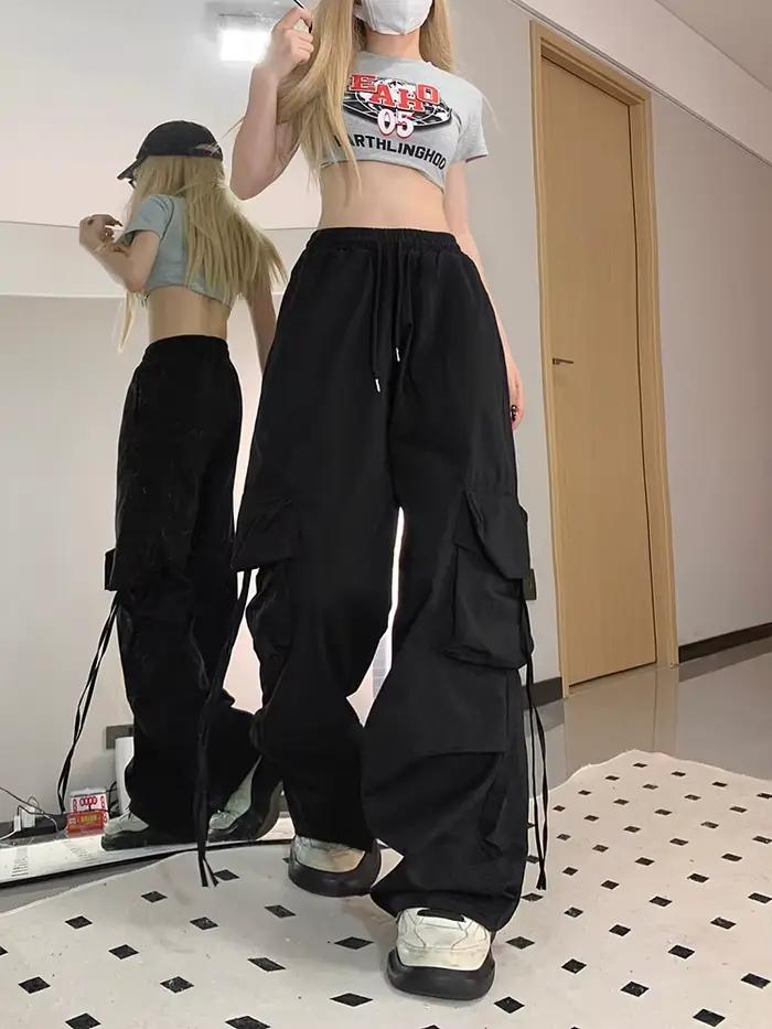 Zoki ružové streetwear cargo nohavice pre ženy voľné Harajuku Y2K rovné