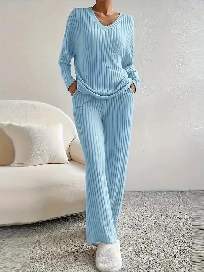 Ensemble pyjama 2 pièces pour femmes, vêtements de nuit, col en v, hauts et pantalons en tricot côtelé, vêtements de maison décontractés, automne et hiver